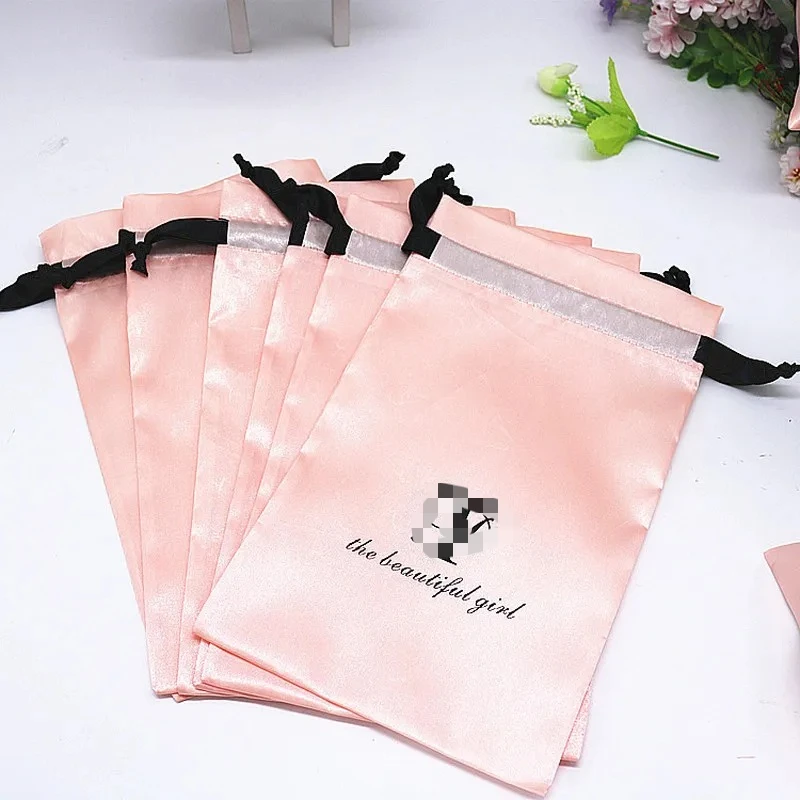 20PCS Baby Pink Silk Satin Pouch Hair Extensions/Wigs/Goods/Makeup Packaging Drawstring Bag Custom Print Logo Gift Bag