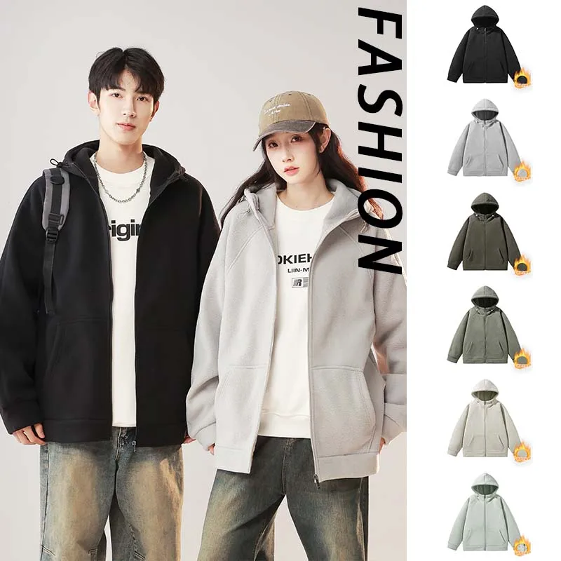 

Winter Men Fleece Warm Thickened Hooded Polar Fleece Jacket Women Outdoor Windproof Sweatshirt Breathable Casual Loose Jacket