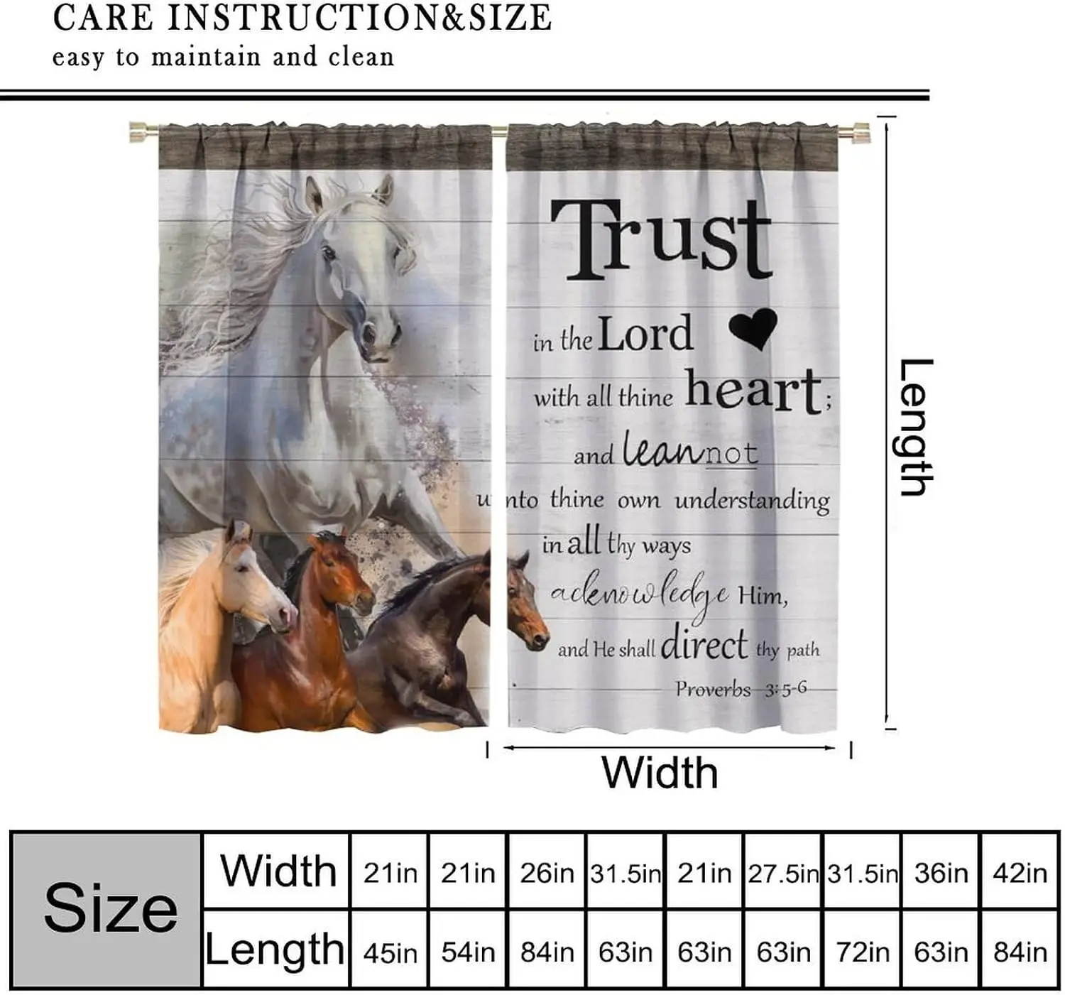 Farmhouse Horse Bible Verse Window Curtains, Multi Tone Steeds Proverbs Faith Quote Rustic White Wood Plank Drapes Cabin Decor