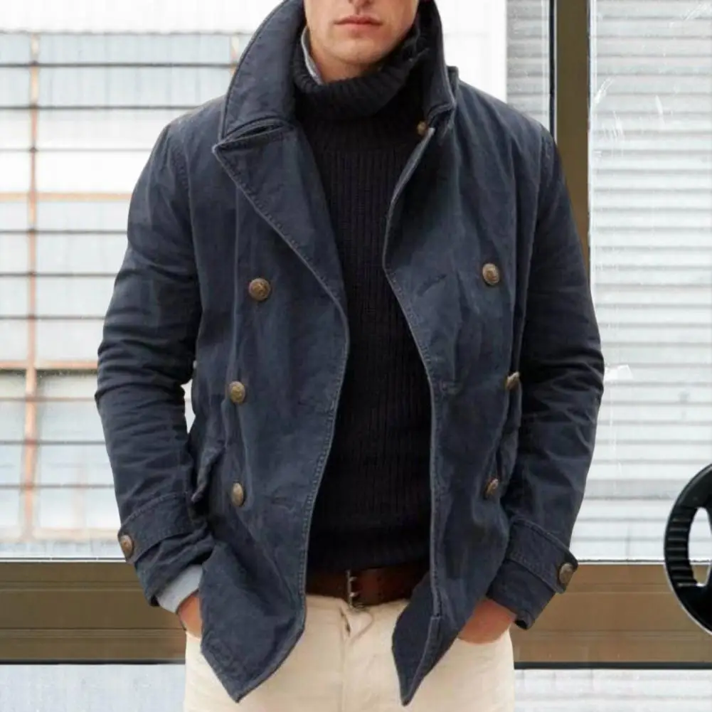 

Men Coat Cardigan Loose Long Sleeve Turn-down Collar Double Breasted Warm Solid Color Autumn Winter Male Jacket for Outdoor