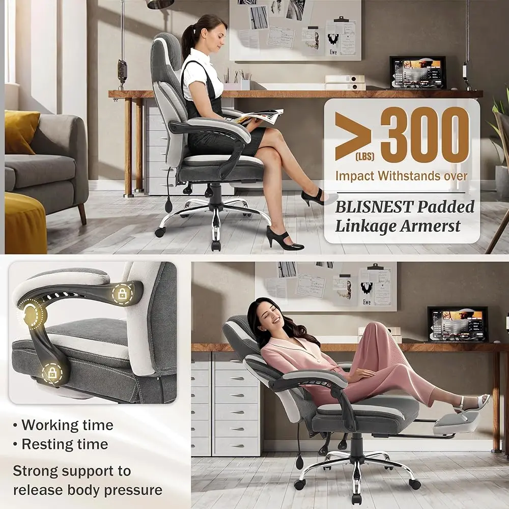 Big And Tall Fabric Office Chair 400Lbs With Foot Rest & Adjustable Lumbar Support, Ergonomic Executive Desk Chair, Reclining