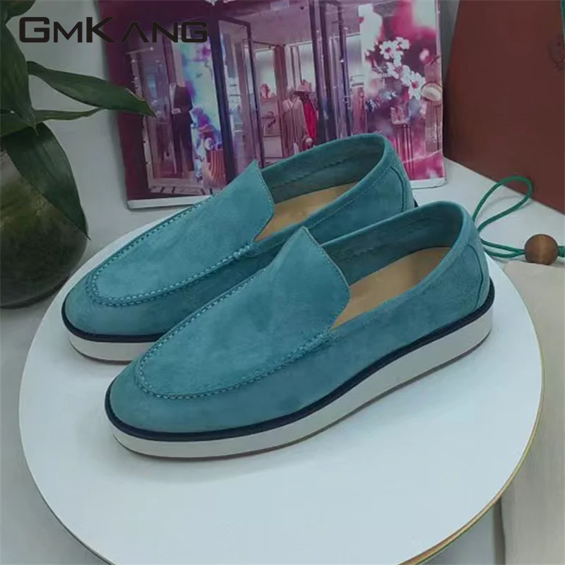 

Kid Suede Flat Shoes Women Round Toe Slip-On Loafers Woman Metal Lock Decorate Mules Casual Shoes Summer Outwear Walk Shoes Men