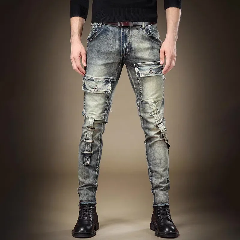 

Men Washed Ankle Length Pencil Pants Ripped Jean Distressed Jeans Denim Spliced Patchwork Jeans Skinny Holes High Street