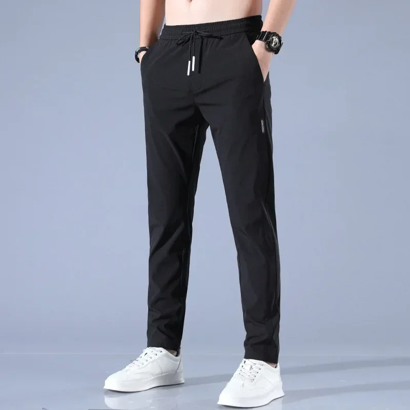 2024 Ice Silk Men\'s Pants New Black Gray Thin Business Casual Pants Outdoor Elastic Breathable Straight Leg Sweatpants