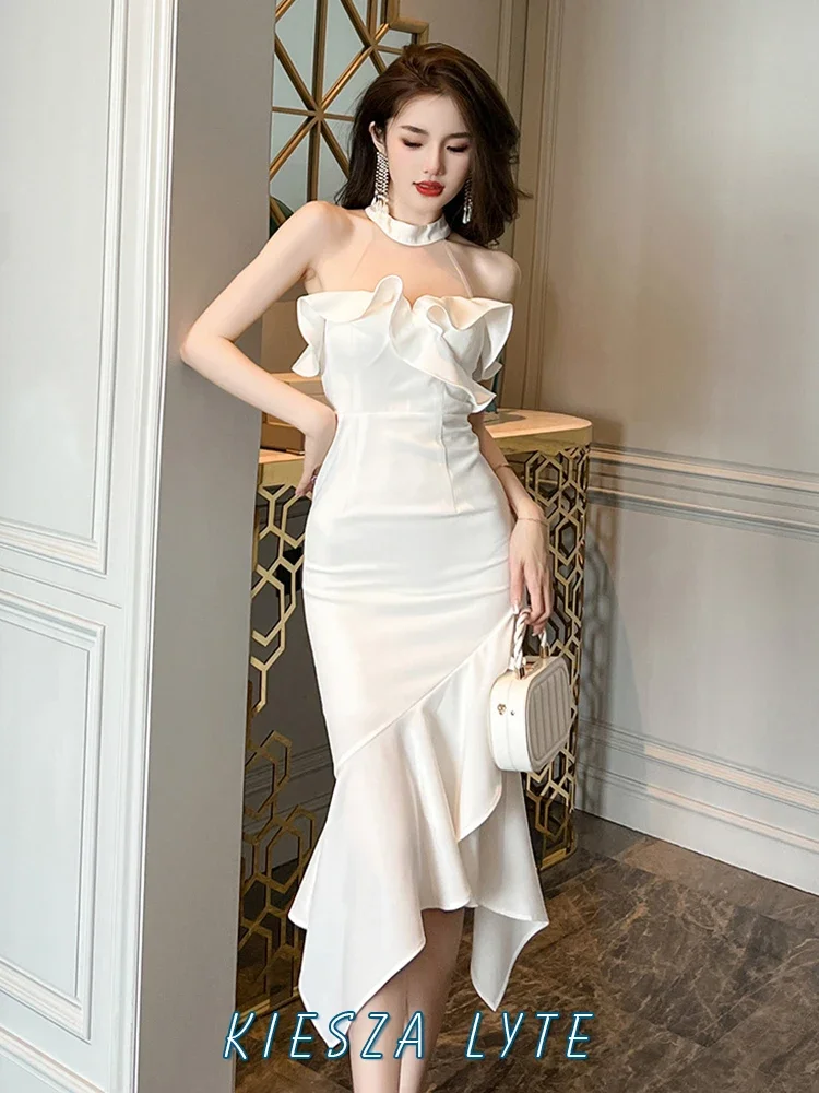 

2024 Summer New Halter Bandage Asymmetric Hem Mermaid White Dress with Ruffle Korean Fashion Clothing Sexy bodycon dresses