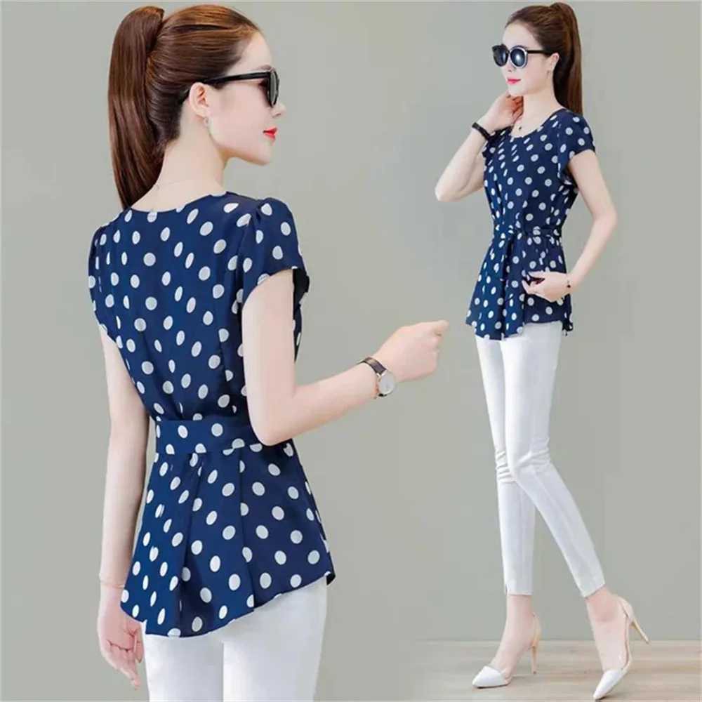 Women Spring Summer Style Blouses Shirt Lady Casual Short Sleeve O-Neck Solid Polka Dot Women\'s Casual Tops