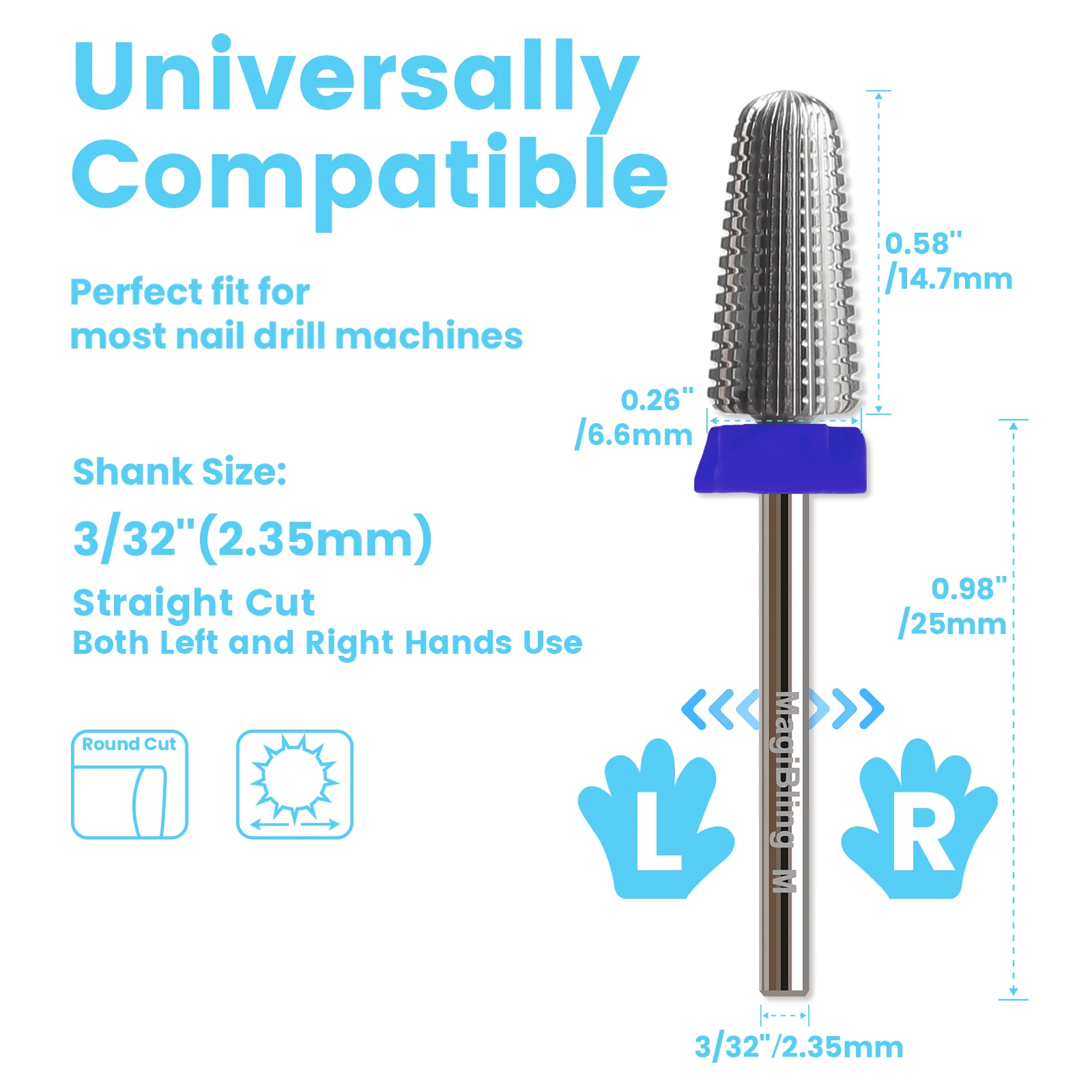 MagiBling 카바이드 5 in 1 스트레이트 컷 네일 드릴 비트 큐티클 하드 소프트 젤 제거용 양방향 회전 전문 비트 3/32"