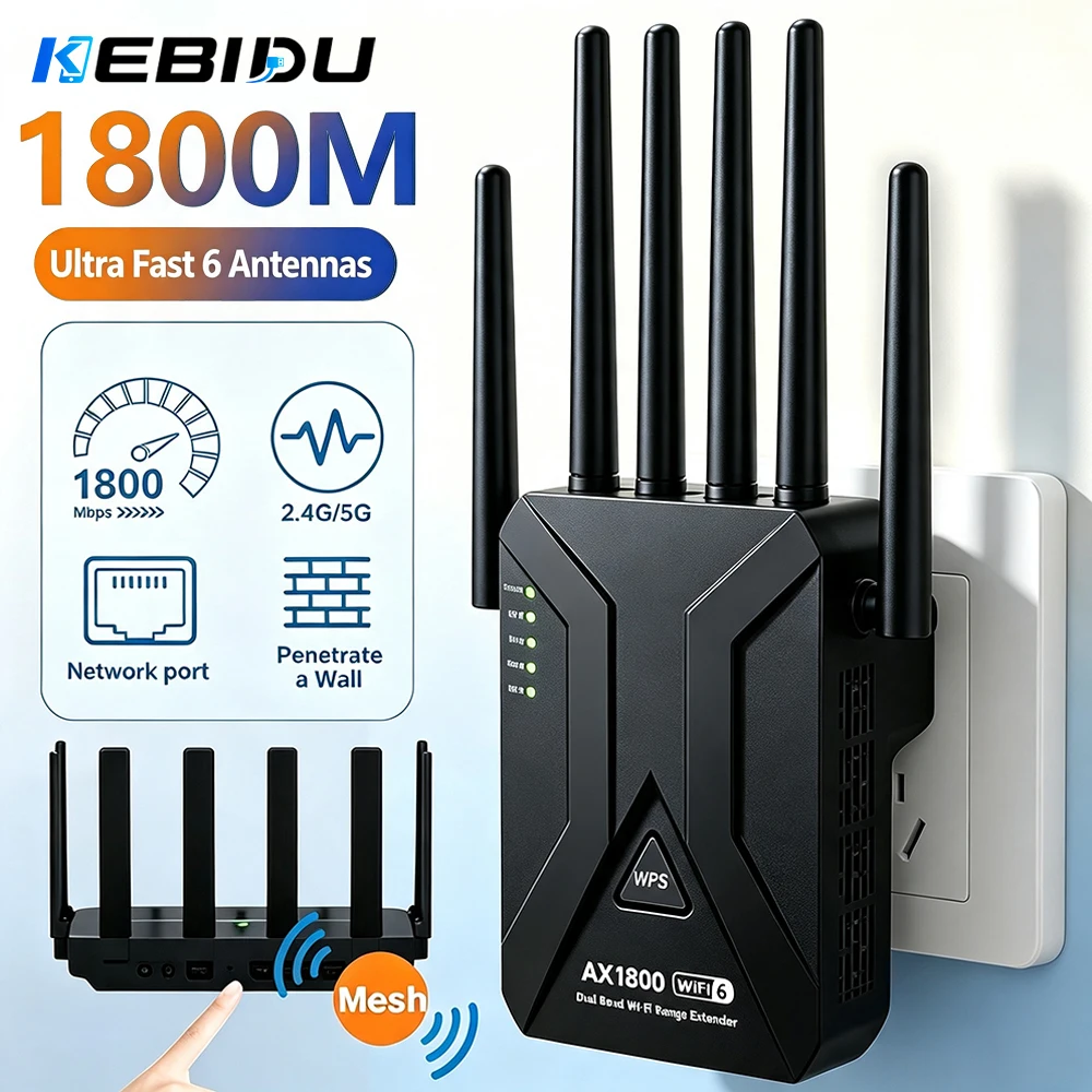 KEBIDU AX1800 WiFi6 Range Extender Mesh Repeater 5G Dual Band Gigabit Wireless Signal Amplifier WiFi Router for Home