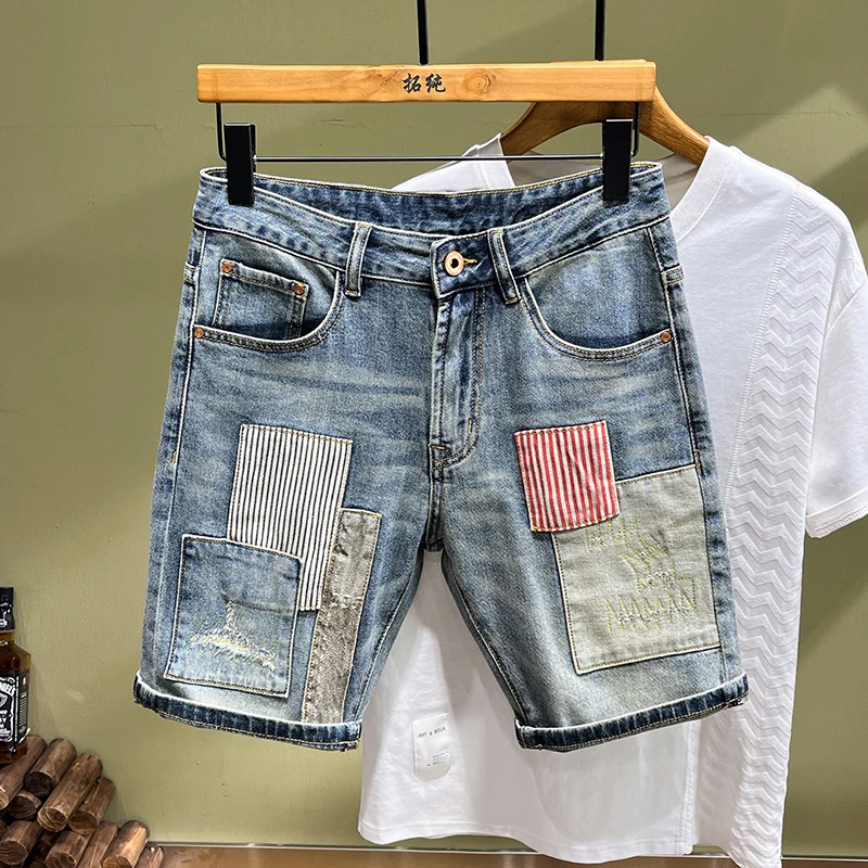 Summer Fashion Men Jeans Retro Washed Blue Stretch Slim Fit Short Ripped Jeans Hombre Patched Designer Hip Hop Denim Shorts Men