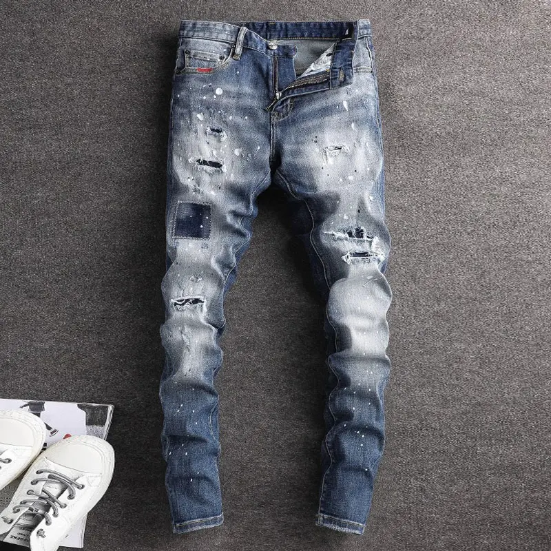 

Fashionable New Jeans, Washed, Nostalgic, Painted, Elastic, Slimming, Vintage, Men's Jeans, High Street Hip Hop Brand Pants, Hom