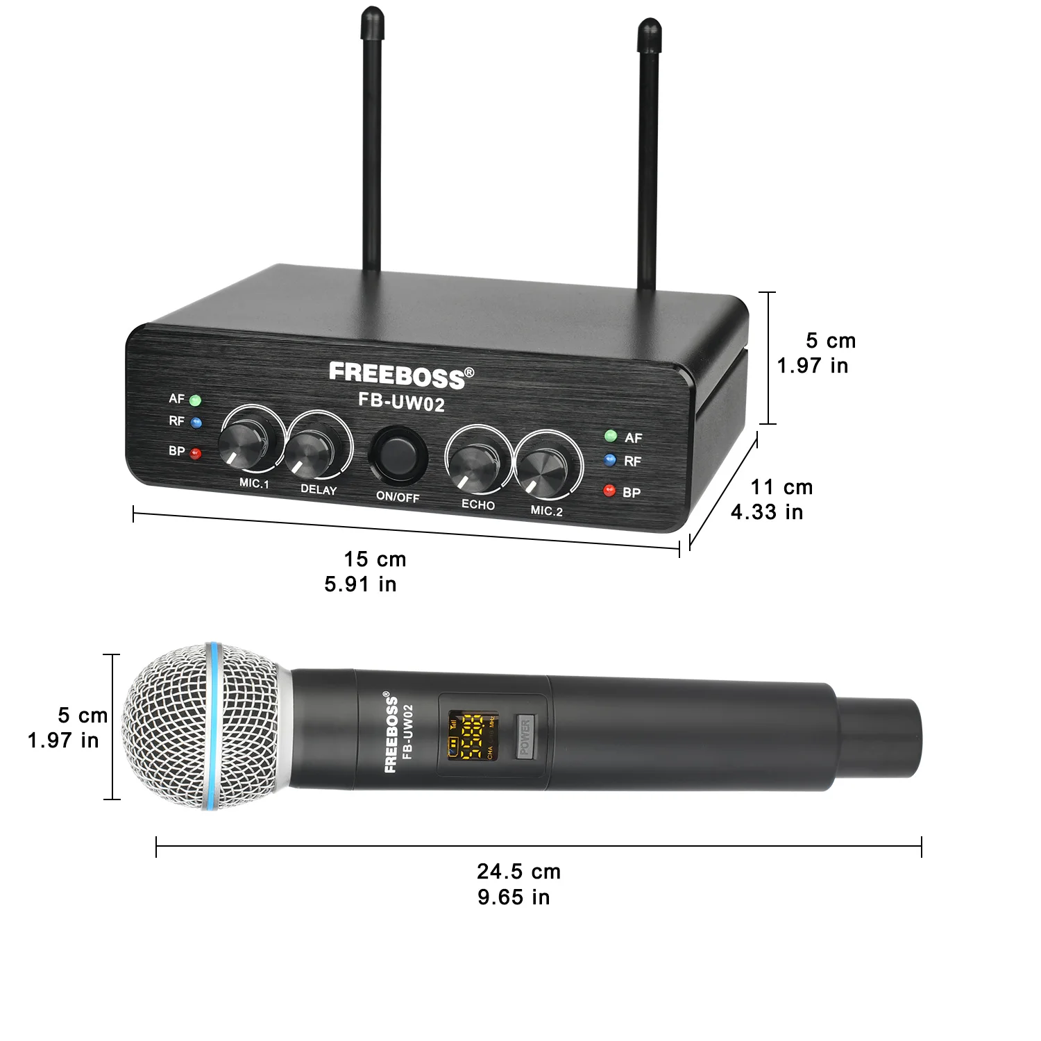 FREEBOSS صدى ميكروفون لاسلكي 2 المهنية المحمولة UHF تأخير الآثار القنوات المزدوجة الارسال الديناميكي هيئة التصنيع العسكري نظام FB-UW02