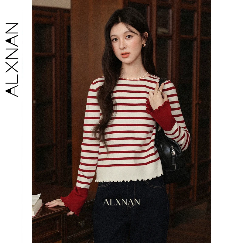 

ALXNAN Women's Long-Sleeve Knitted Top Color-block Stripes Ruffle Hem Detail New Autumn Casual Pullover Versatile Blouse L57725