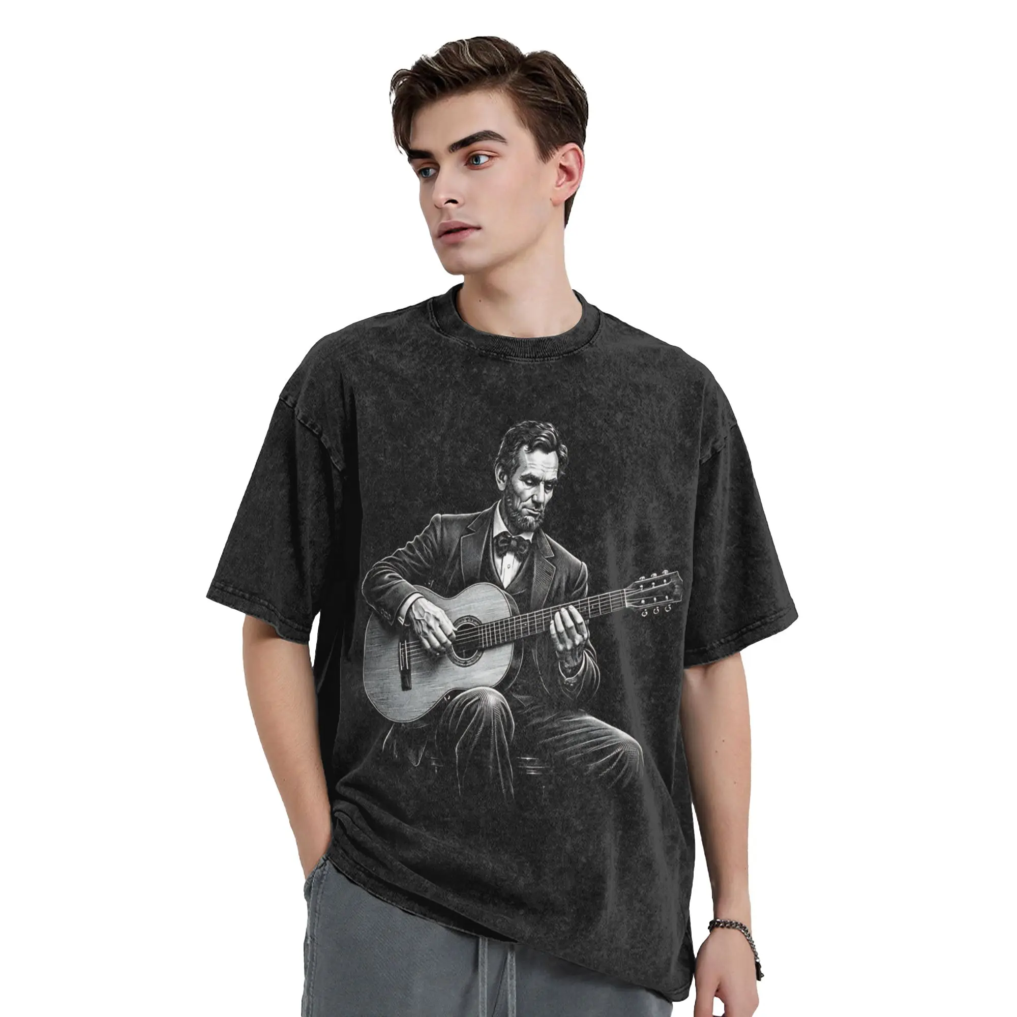 Abraham Lincoln Playing classic Guitar T Shirt Men Pure Cotton Leisure T-Shirts Crewneck  Tees Short Sleeve Clothes Unique