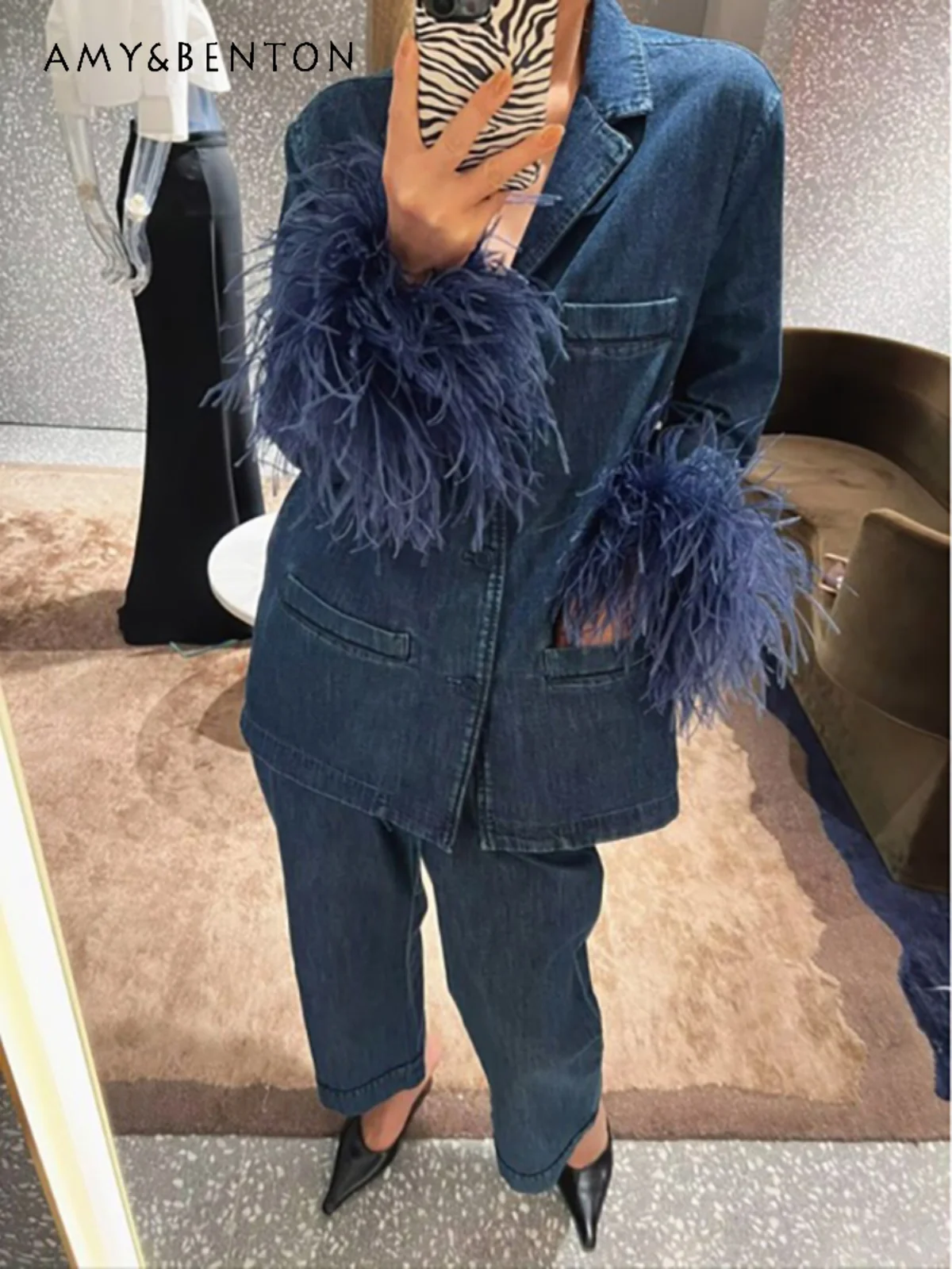 Retro Lapels Feather Stitching Long Sleeve Denim Blazer Slim Straight Pant Sets Casual OL 2 Piece Sets Womens Outfits Autumn New