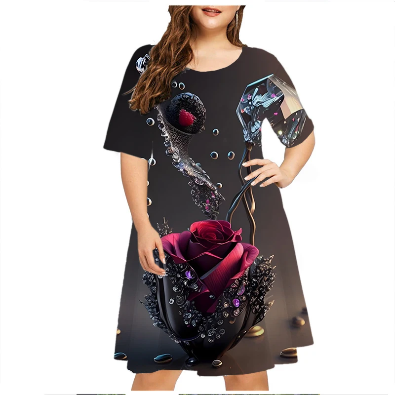 Vestido con estampado Floral de limón y copa de cristal para mujer, de talla grande ropa holgada, informal de manga corta para fiesta, verano, 2023