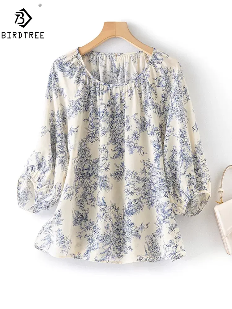 BirdTree, 100%Real Silk Elegant T-Shirt, Women Lantern Sleeve O Neck Floral, OL Fashion Blouses, 2024 Spring Summer Top T44046QM