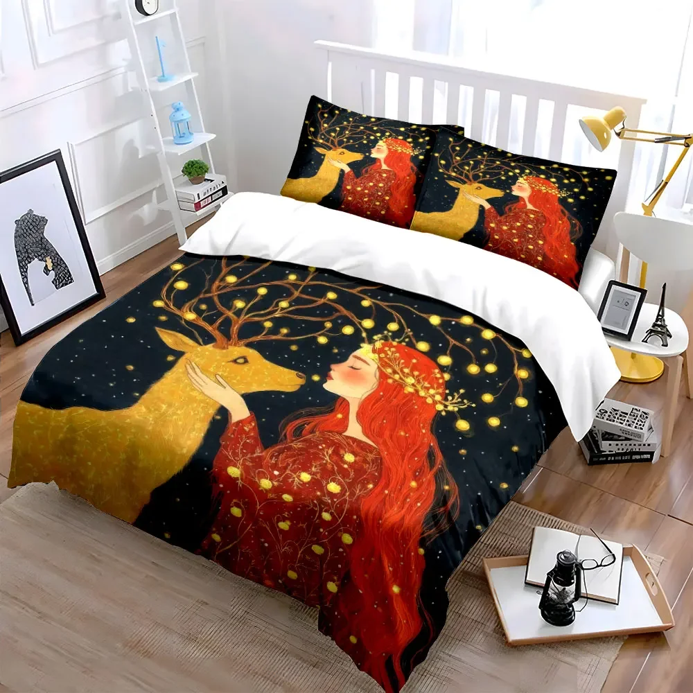 Fairy Tale Deer Artwork Set Soft Comfortable Duvet Cover Bedding Set Included 1*Duvet Cover & 2*Pillowcases, gift