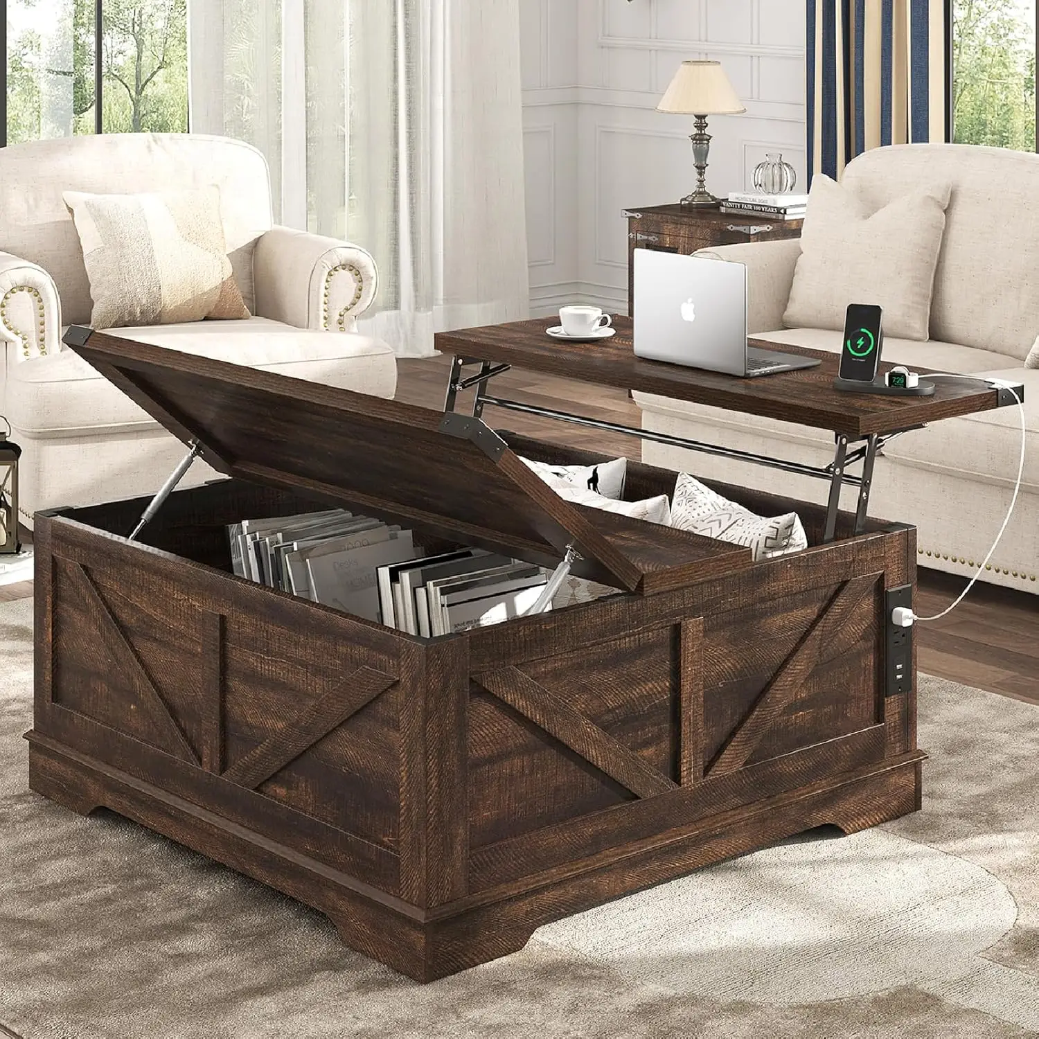 40” Large Farmhouse Lift Top Coffee Table With Power Outlets And Large Hidden Storage, Square Wood Living Room Tables,