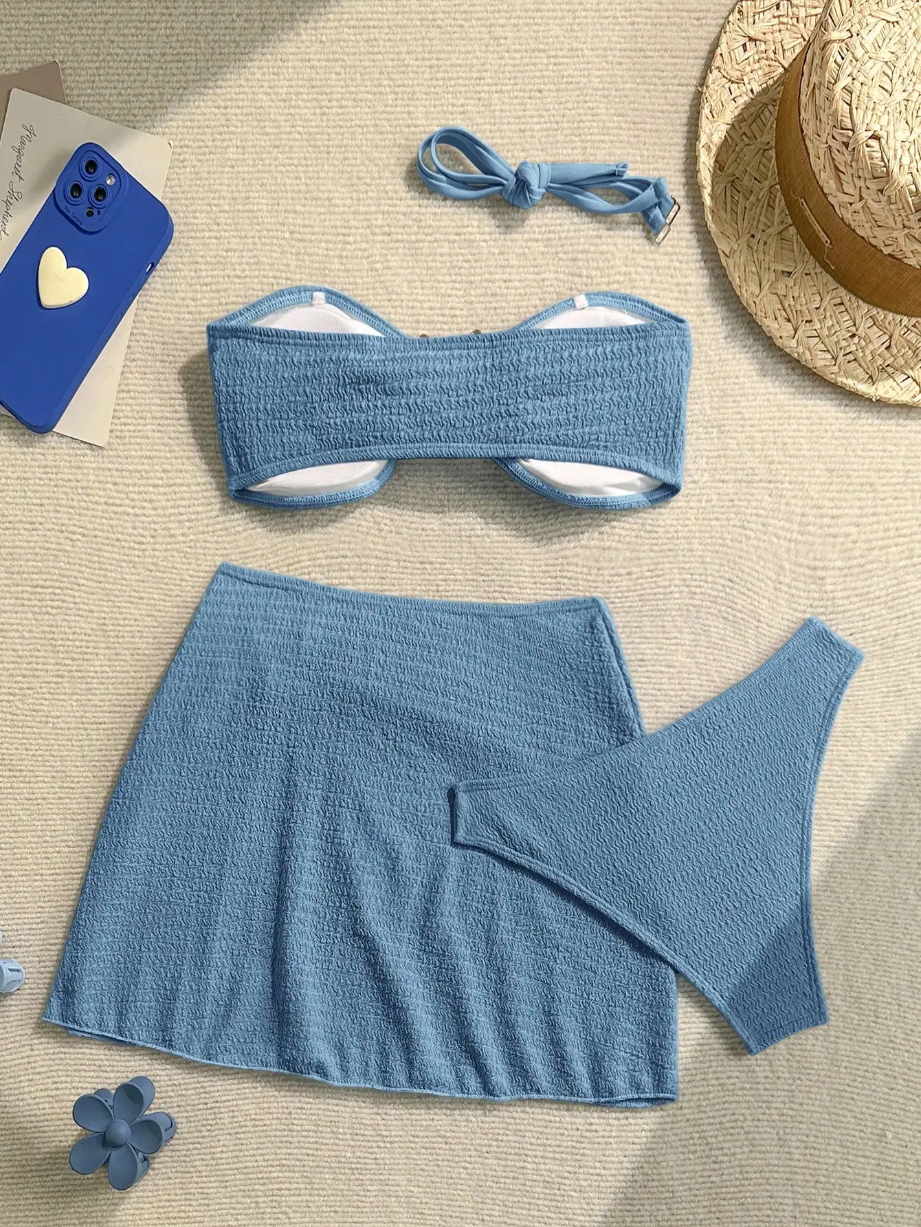 

Женский синий текстурированный комплект бикини с завязками на шее и декором в виде морских звезд, 3 предмета, для пляжного отдыха