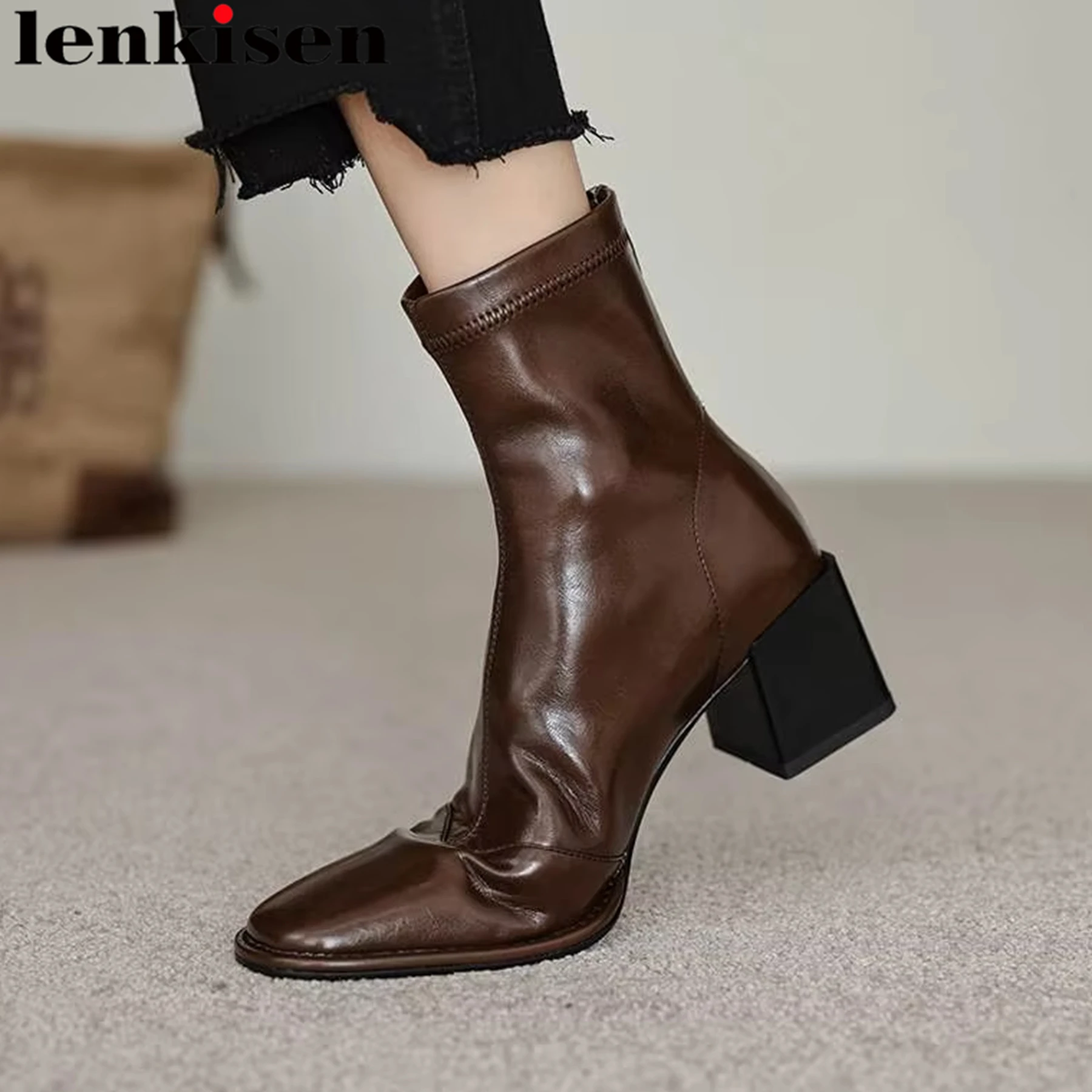 

Lenkisen Superstar Microfiber Chunky Heels Stretch Boots Fashion Square Toe Winter Shoes Women Dating Catwalk Women Ankle Boots