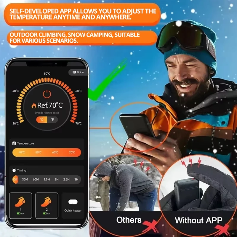 ถุงเท้าอุ่นสำหรับขี่มอเตอร์ไซค์ เล่นสกี ถุงเท้าทำความร้อน ควบคุมผ่านแอพ แบตเตอรี่แบบชาร์จได้ ถุงเท้าหนาสำหรับฤดูหนาว เหมาะสำหรับการเดินป่าและเล่นสกี