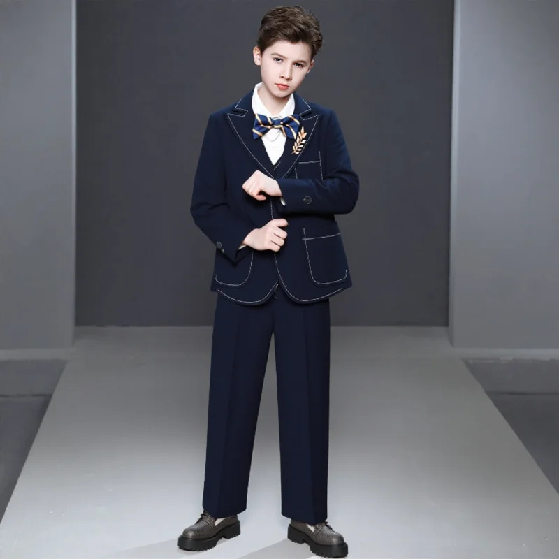 

Детская темно-синяя куртка, жилет, брюки, брошь с галстуком-бабочкой, комплект из 5 предметов, свадебный наряд для мальчиков, весенне-осенний костюм для выступлений на фортепиано