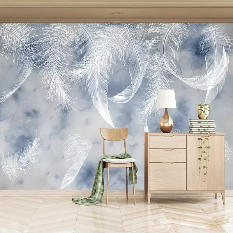 Papel tapiz nórdico pintado a mano con pequeñas plumas azules frescas, Mural para sala de estar, TV, fondo, impermeable, decoración de pared del hogar