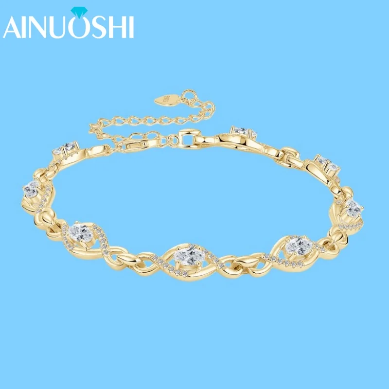 

AINUOSHI D2.40CT браслет из муассанита овальной огранки для женщин, стерлинговое серебро S925, браслет с бесконечными звеньями для женщин, роскошные ювелирные изделия