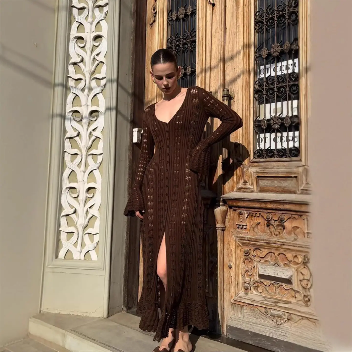 

Long Knitted Outerwear Women's Design Sensation Lace Lazy Sle Overcoat Bell Bot Open Cardigan Spicy Girl Hollow out