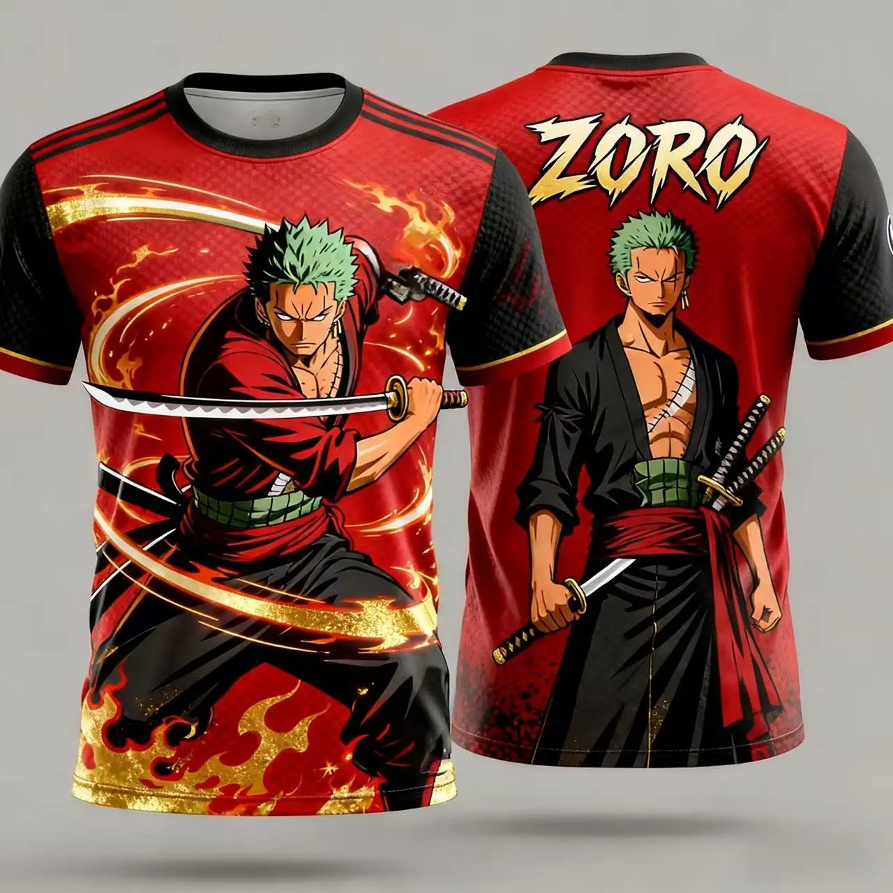 Camiseta de Verano 2026 One Piece Solon con Diseño de Tres Espadas y Llamas, Impresión 3D, Transpirable y de Secado Rápido para Adultos