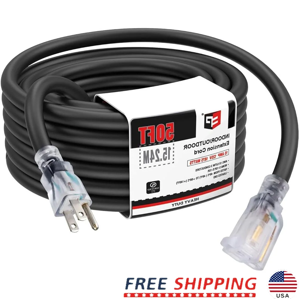 

Heavy Duty 50 Ft Lighted Outdoor Extension Cord 10 Gauge 15A 125V Grounded Plug UL Listed Flexible Power Cable