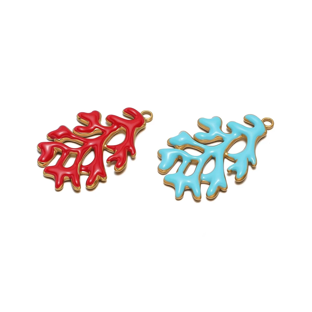 

5pcs 38x24mm Enamel Coral Charms Stainless Steel Gold Plated Pendants for DIY Women Jewelry Making Necklace Earrings Supplies
