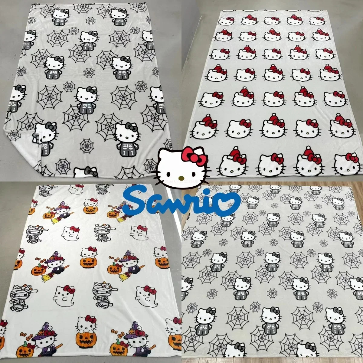 2024 Sanrio Cute Hello Kitty Plush Flannel Blanket Halloween Ghost Cartoon Large Cotton Sofa Nap Blanket Bed Sheet Fashion Gift