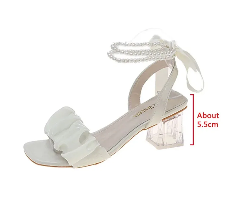 Comfort Shoes for Women Block Heels Pearl Sandals Med Suit Female Beige All-Match Chunky 2023 Girls Medium Clear Black Gladiator