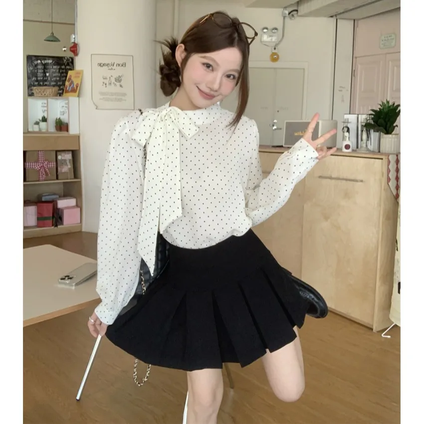 

Spring 2026 Polka Dot Button up Shirt Lantern Sleeve Design Knot Top Women's Fashion Loose Fit Long Sleeve Polyester