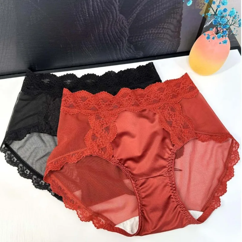 Mid Waist Seamless Breathable Briefs Buttocks Lifting Women's Retro Lace Underwear Ladies Large Size Satin Thin Triangle Pants