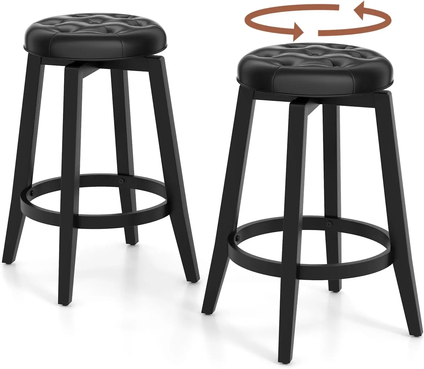 Costway 360° Swivel Bar Stools Set Of 2, 26-Inch Height Vintage Upholstered Rubberwood Backless Bar Chairs With Footrest, Retro