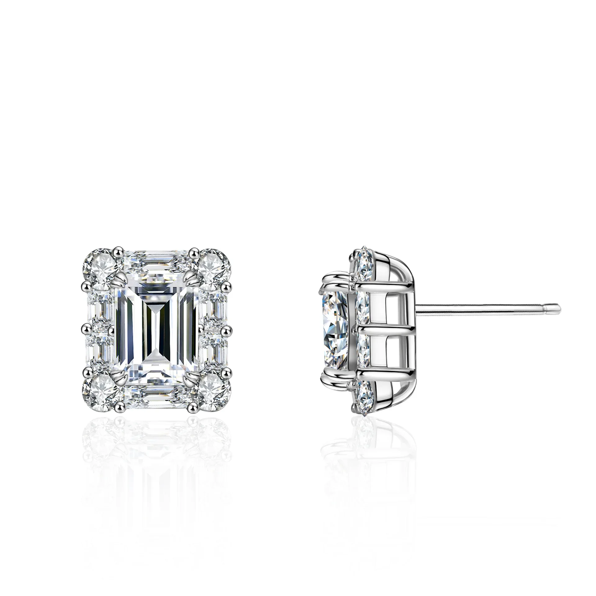 Lumira Sparkling Rectangular Platinum PT950 Wedding Earrings for Women Four-Prong Studs with Emerald-Cut Square Mossanite