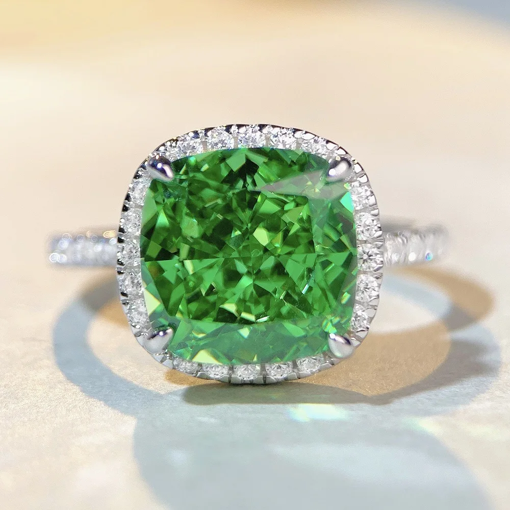 

2022 New Jade Green S925 Pure Silver Ring, Women's Full Diamond Square Bag, European and American Live Border Style