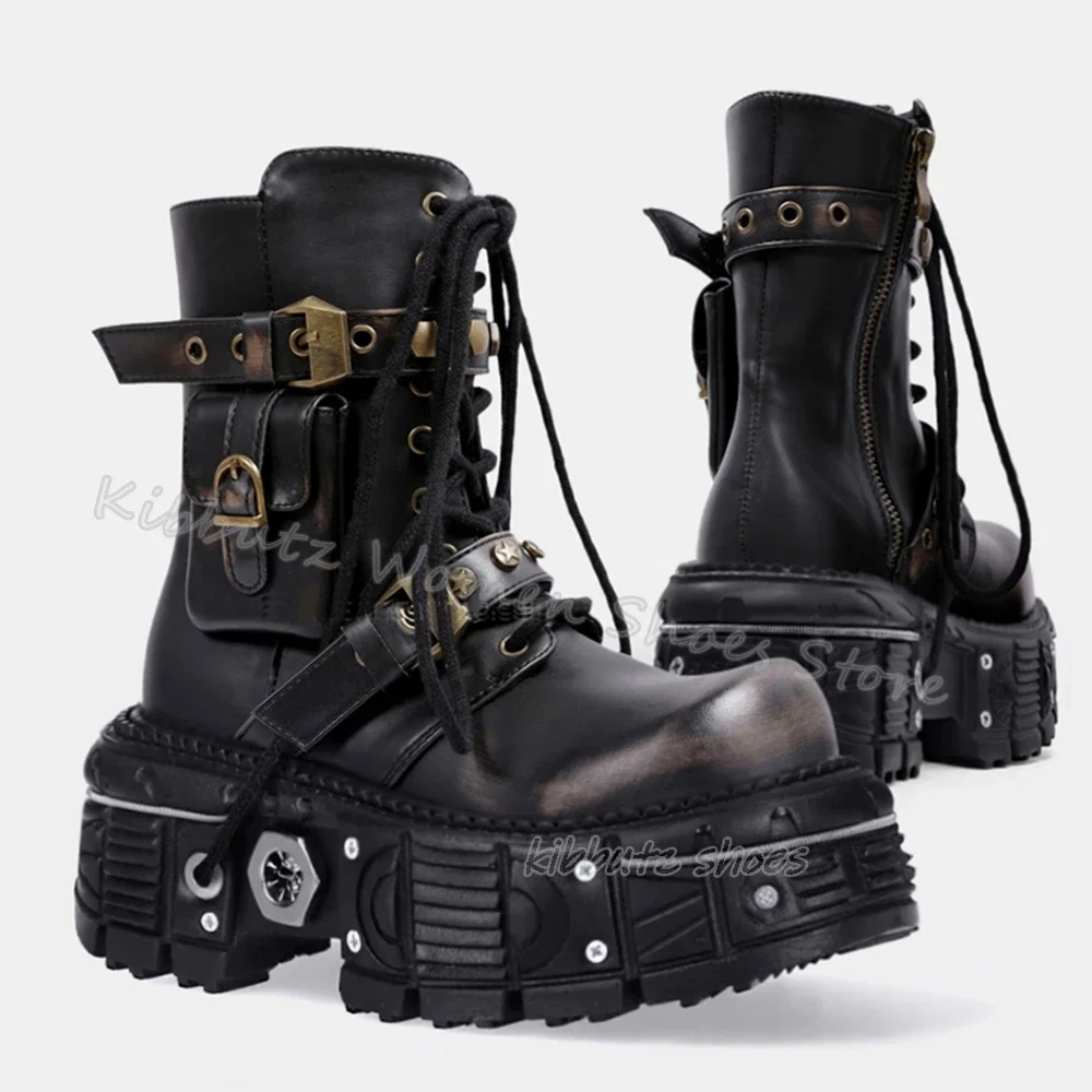 

Vintage Ankle Boots Leather Belt Buckles Lace-Up Thick Bottom Round Toe Fashion Concise Sexy Elegant Novelty Luxury Women Shoes