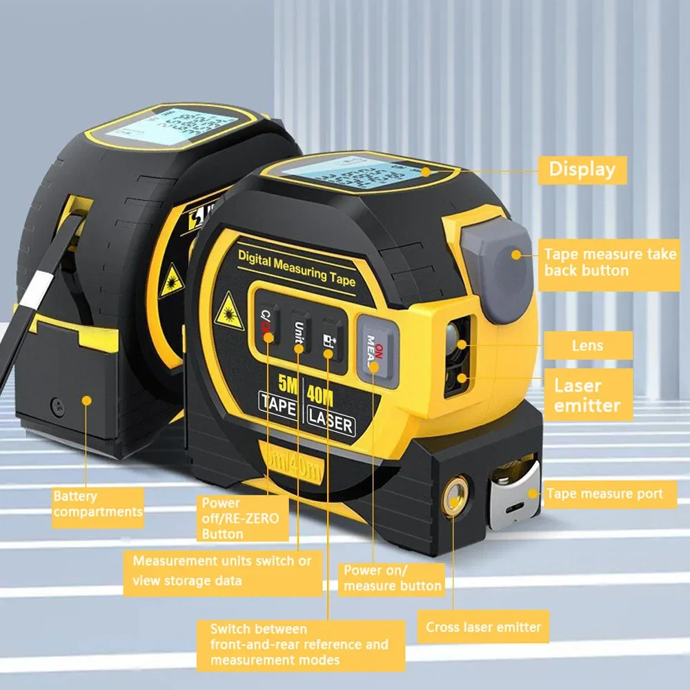 3 in 1 Laser Rangefinder 5M Tape Measure Ruler LCD Display With Backlight Distance Meter Measurement Device Building