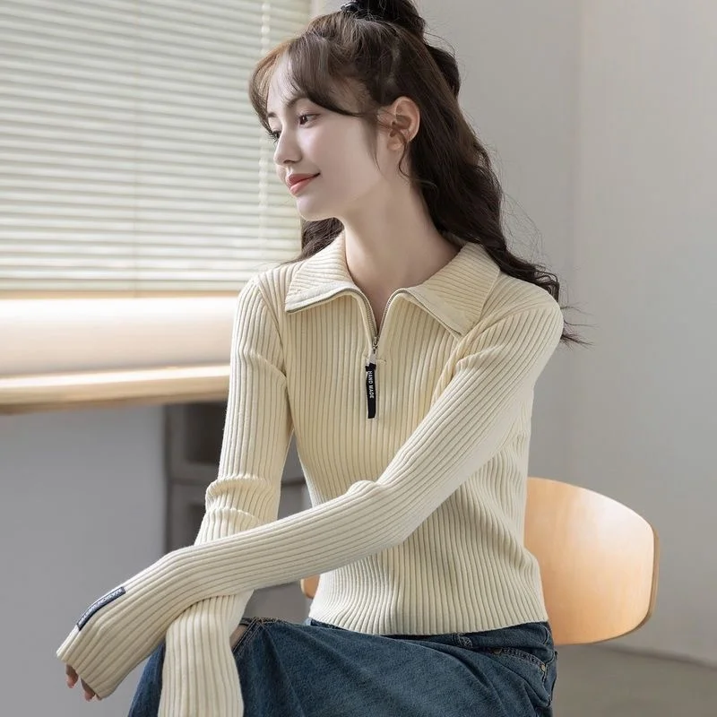 

Autumn Winter Women's Long Sleeve Lapel Knitwear Female Short Sweater Fashion Half Zipper Slim Fit Versatile Knitted Polo Shirt