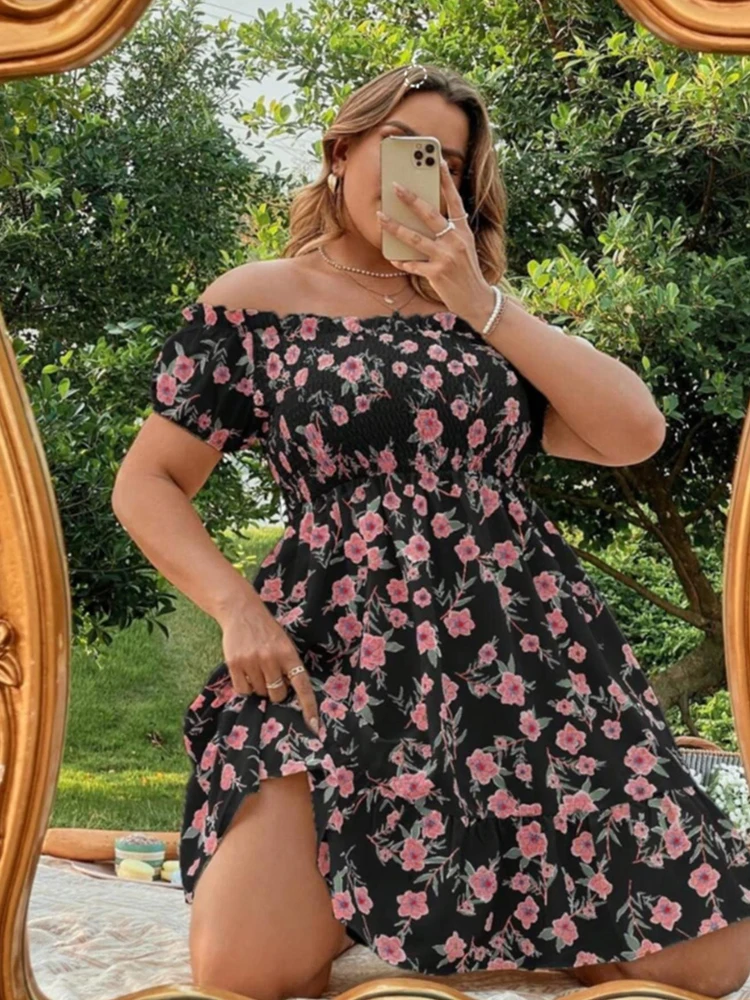 فستان نسائي مطبوع عليه زهور، ملابس للإجازات، فستان صيفي أنيق مرن مكشوف الكتفين، مقاس كبير، فساتين مثيرة لطيفة وقصيرة #5