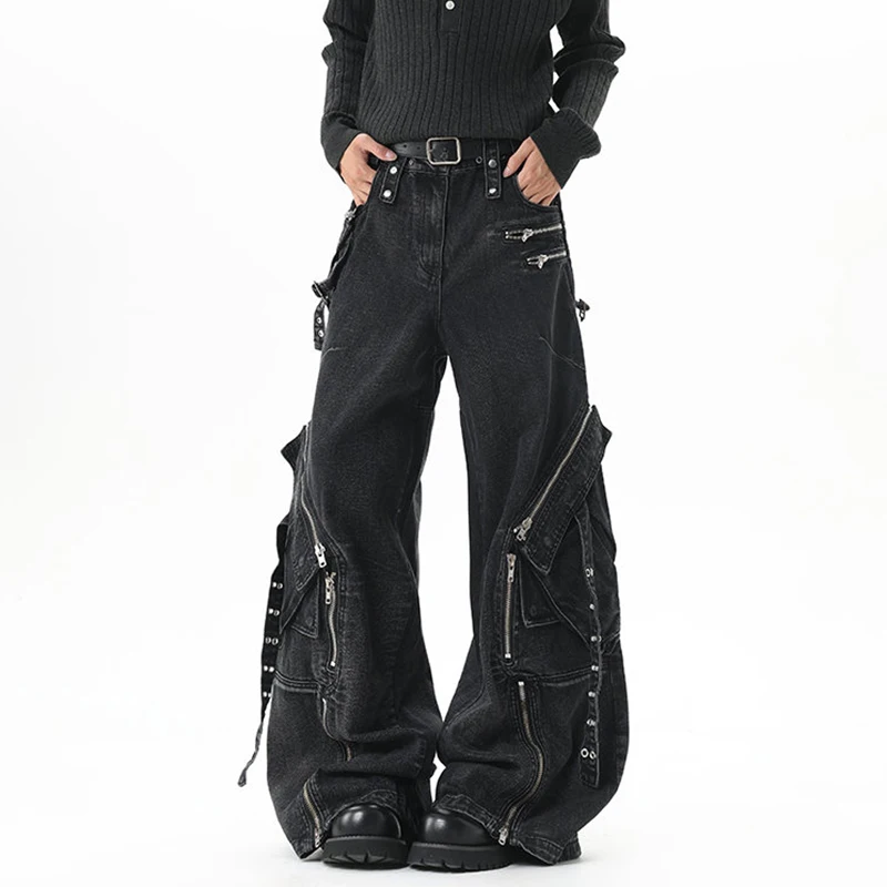 High Street Men's Denim Trousers Solid Color Multi Zipper Patchwork Multi-pocket Casual Ribbon Wide Leg Male Jeans