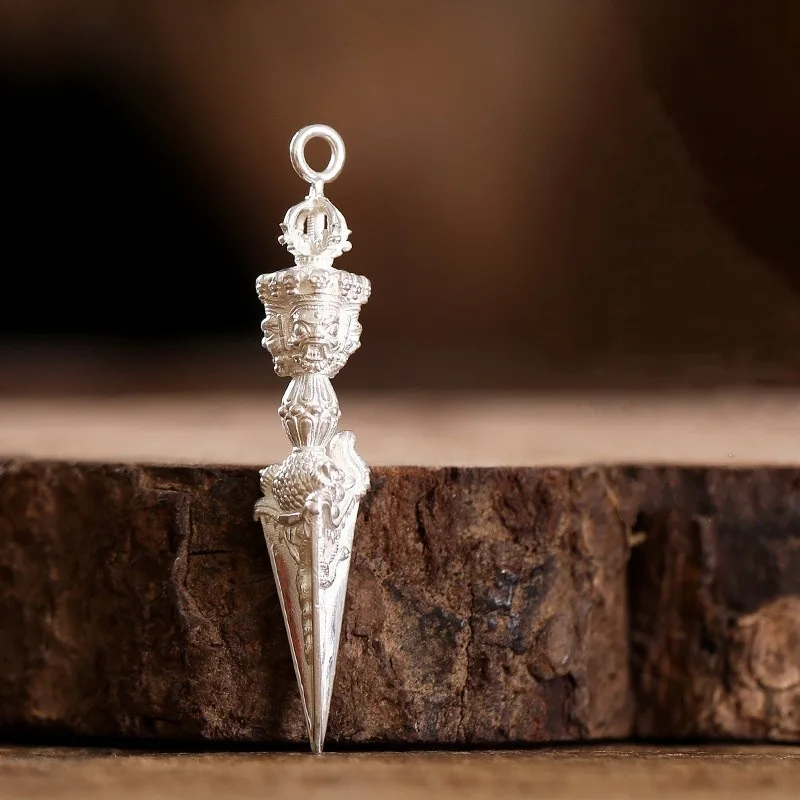 S999 Sterling Silver Three-Sided Phurba  Pendant, Buddhist Vajra Amulet for Men WomenLucky Fortune Element Material