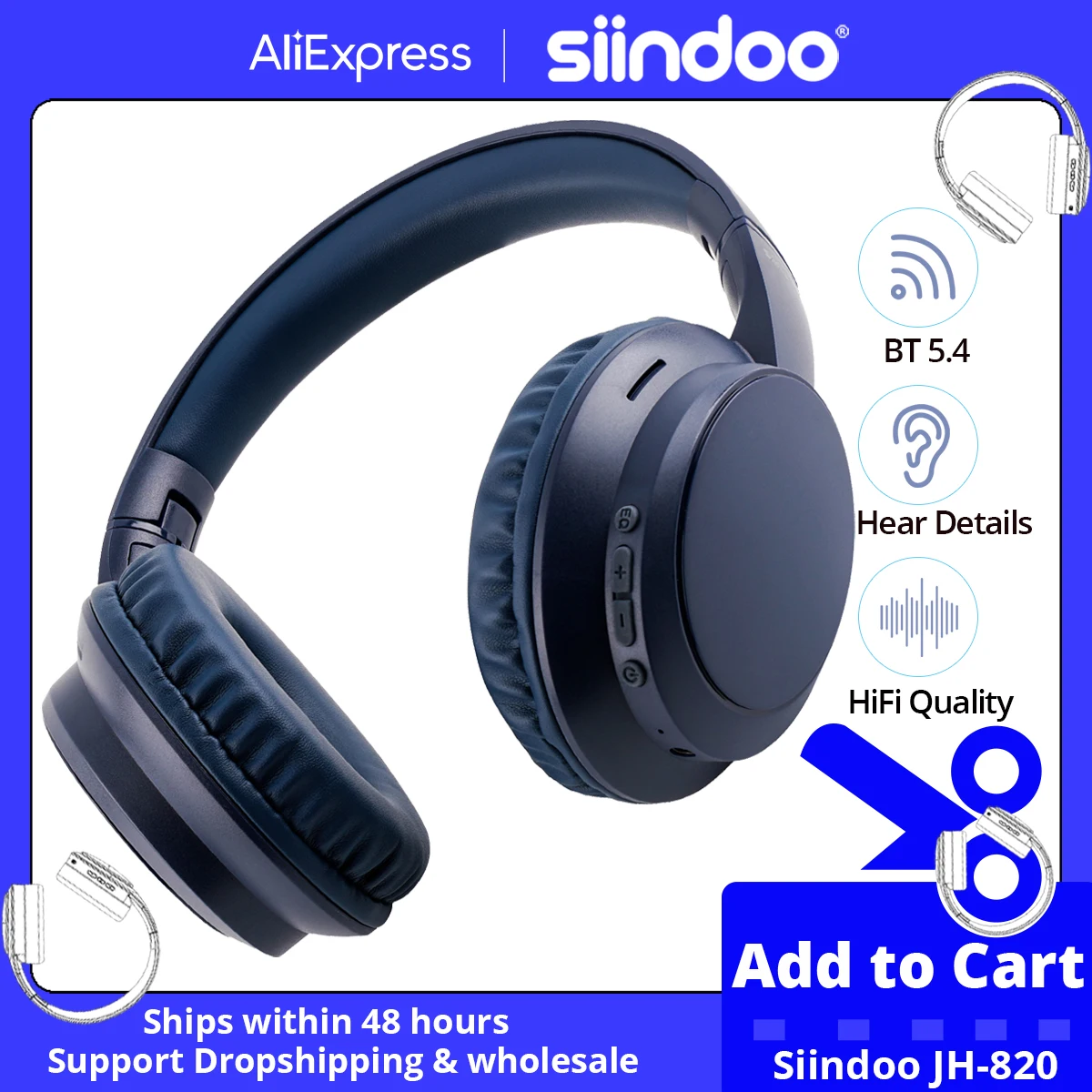 Siindoo JH-820 Wireless Bluetooth Headphones, 60H Playtime,3 EQ Sound Modes,Newest Foldable Lightweight headset for Travel Study