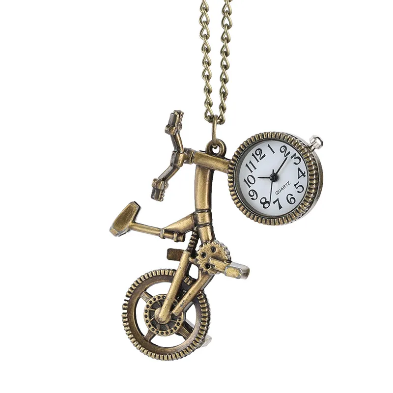 Vintage Bike Shape Clock Bicycle Men Women Quartz Analog Pocket Watch Pendant Necklace Chain Arabic Numeral Display Collectable