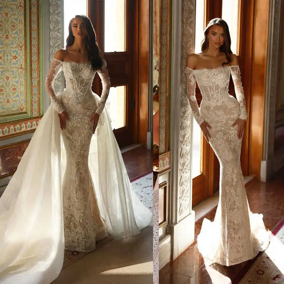 

Элегантные кружевные свадебные платья русалки с открытыми плечами, простое свадебное платье с длинными рукавами и бисером, классический съемный шлейф по индивидуальному заказу