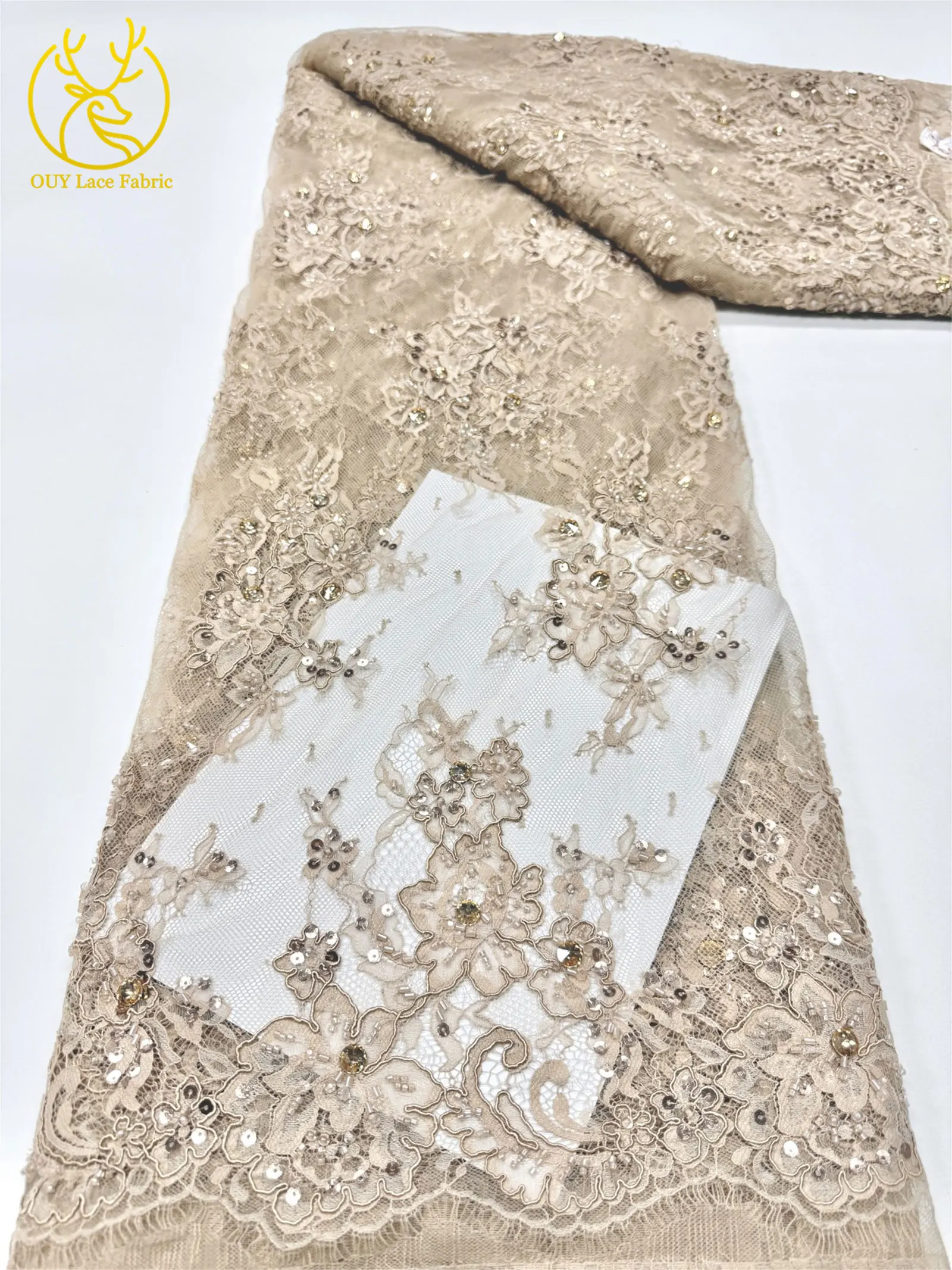 Afrikanische Diamant-Spitzenstickerei mit Pailletten, 3 Meter Marineblauer Französischer Perlen-Tüllstoff für Nigerianische Partykleider – Detail 8