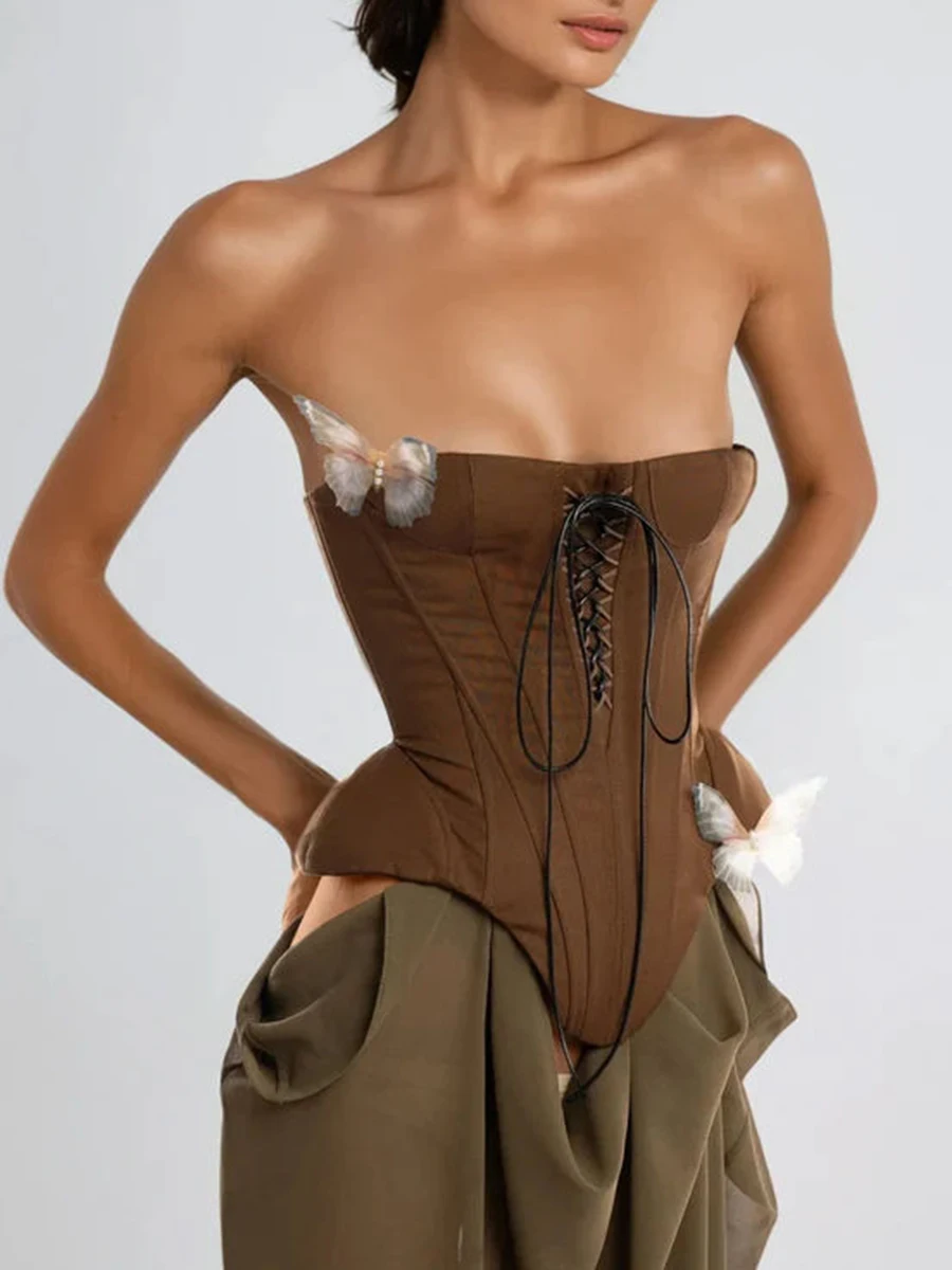 TWOTWINSTYLE Colorblock Slimming Spliced Applique Dresses for Women Strapless Sleeveless Patchwork Mesh Midi Dress Female New